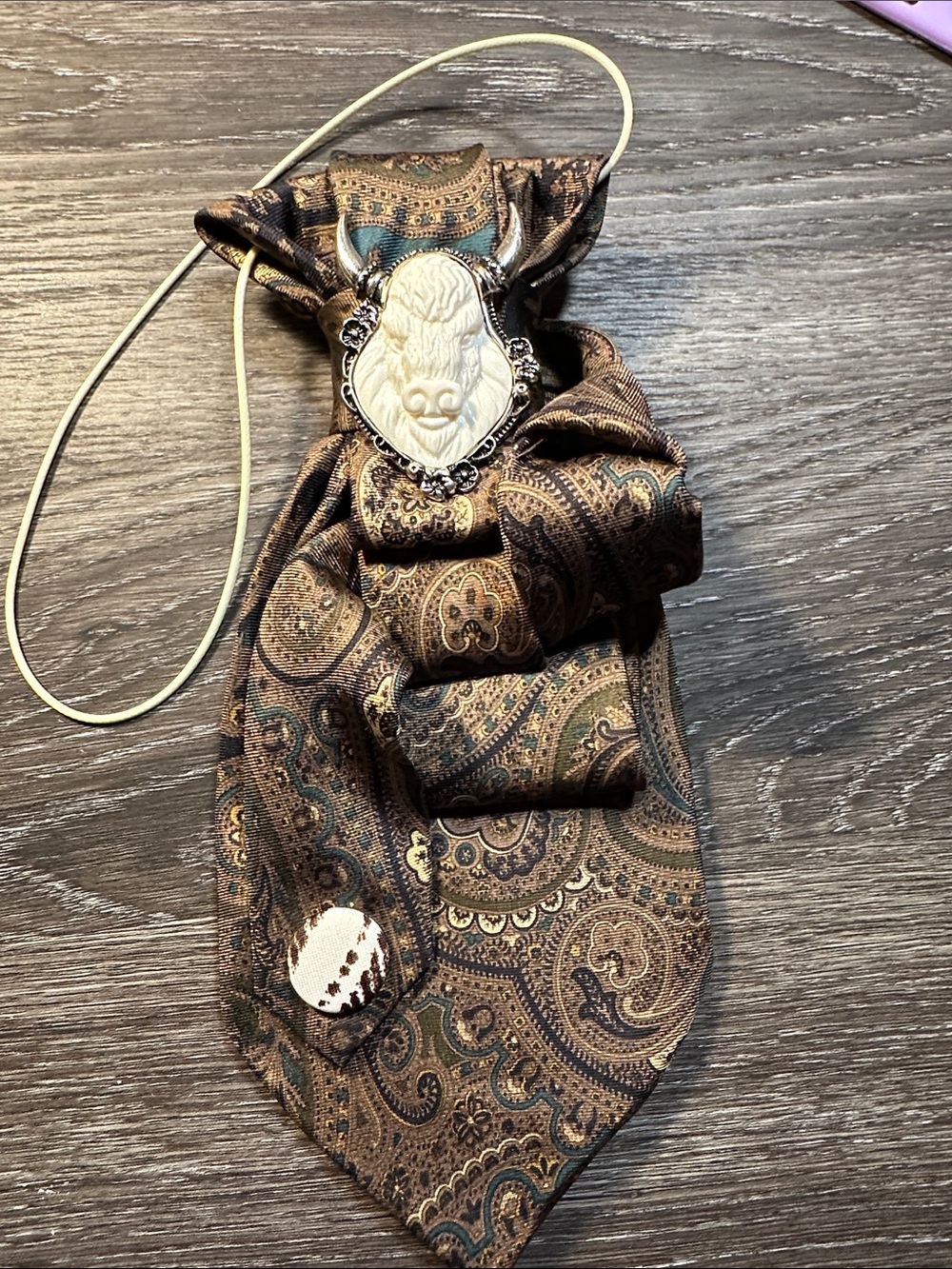 Pierre Cardin Brown Paisley Necklace Tie with Ivory Bull Accent